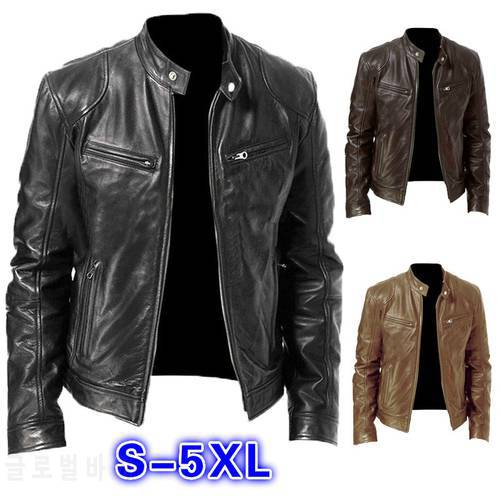 Men Leather Jacket Winter Vintage Zipper Plus Size Motorcycle Jackets Fashion Stand Collar Pocket Solid Male Jacket Coat Outwear