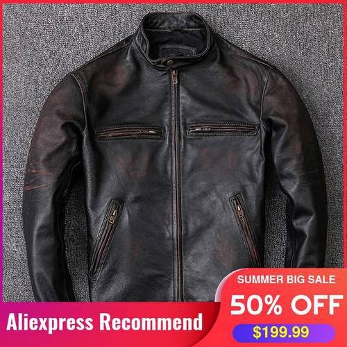 2022 Vintage Black Men Biker&39s Leather Jacket Plus Size 6XL Genuine Natural Cowhide Spring Slim Fit Motorcycle Style Coat