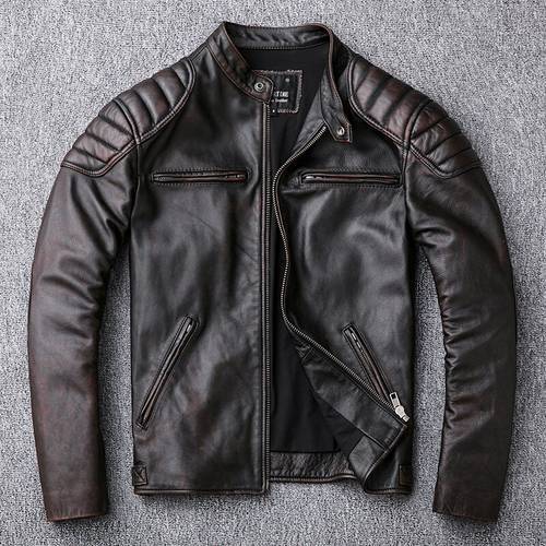 Genuine Motocross Vintage Leather Jacket Mens Fall Fashion Slim Real Cowhide Leather Dark Brown Short Mens Motorcycle Jackets