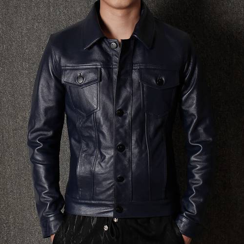 YRFree shipping.sales.Man fashion genuine leather jacket.dark blue casual cowhide coat.plus size slim young style cloth