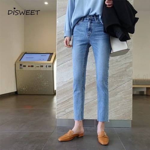 High-rise Straight-leg Jeans Woman Simple Slim Button Women&39s Ankle-Length Pants Casual Solid Skinny Jeans Ladies 2020