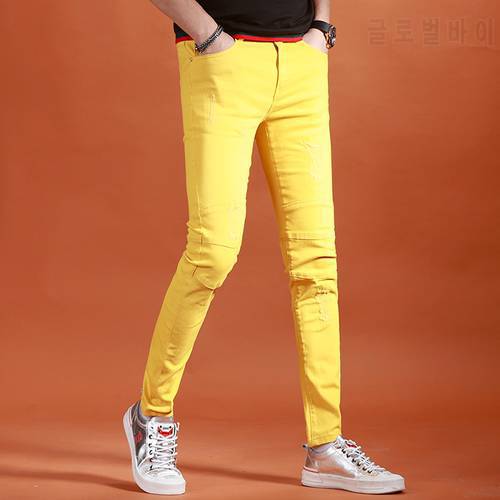 2022 New Yellow Jeans Men Fashion Slim Fit Straight Pants Summer Streetwear Thin Ripped Patch Denim Trousers