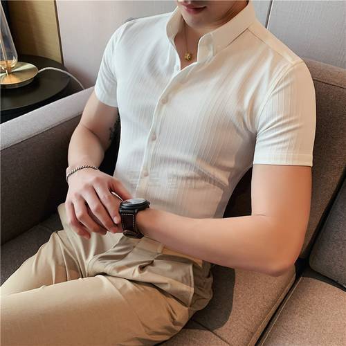 High Quality Summer Men Dress Striped Shirts Short Sleeve Fashion 2022 Korean Slim Fit Casual Business Formal Wear Blouse Homme