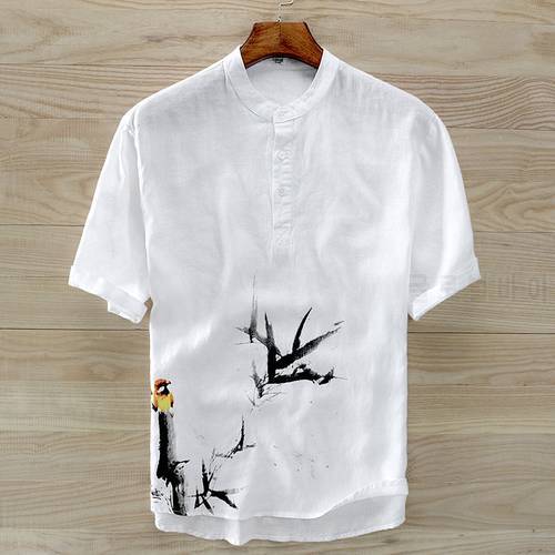Stand Collar Short-Sleeved Pure Linen Shirt Men Chinese Ink Painting Print Flax White Shirts For Men Camisa Masculina Chemise