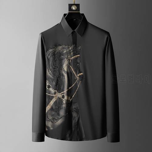 Brand Luxury Rhinestone Men&39s Shirt 2021 Autumn Long Sleeve Slim Casual Shirts Business Social Formal Dress Shirts Streetwear