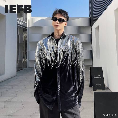 IEFB 2023 Embroidery Sequin Velvet Fashionable Temperament Men&39s Long Sleeve Shirts Lapel Personal Design Oversized Tops 9Y6658