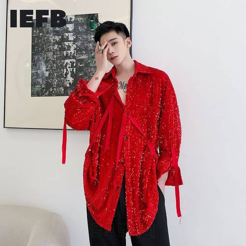 IEFB /men&39s wear Single-product velvet sequins fashionable lace-up fitblack red shirts for male Autumn new tops 9Y4068