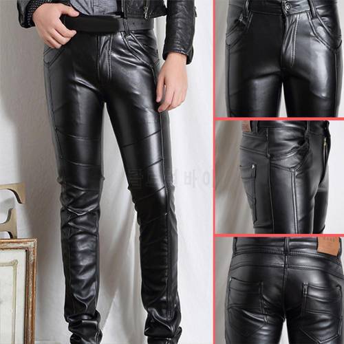 2021 New Men&39s Pants Solid Color Faux Leather Multi Pockets Skinny Pants Stage Club Long Trousers
