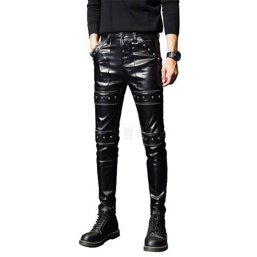 Idopy Men`s Faux Leather Pants Punk Style Skinny Party Stage Performance Studded Night Club Steampunk PU Trousers With Rivet