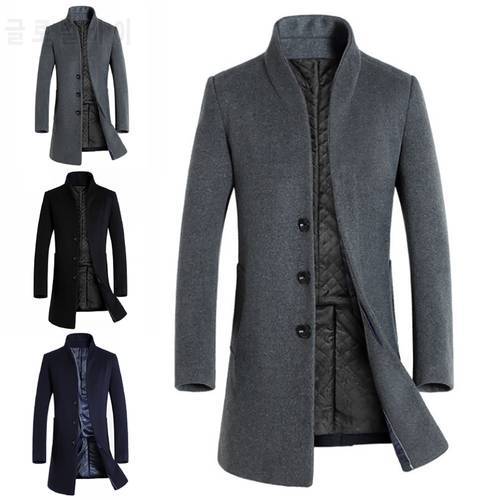 Men Winter Warm Woolen Coat Solid Color Slim Overcoat Long Single-Breasted Jackets Stand-Up Collar Business Coat