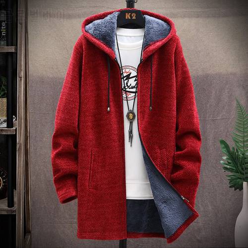 Korean Men&39s Fleece-lined Windbreaker Thick Long Trench Coat Solid Cardigan Casual Hooded Sweater Coats Male 5 Color M-3XL 6619