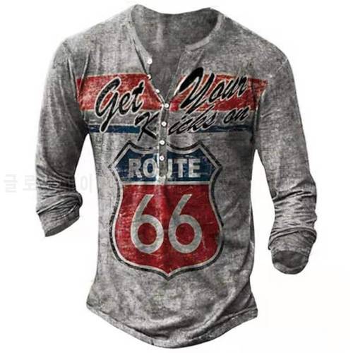 Mens T-shirt Vintage Buttons Long Sleeve Spring Summer New Fashion Highway 66 Letters Printing Loose T Shirts Men Camiseta Mujer