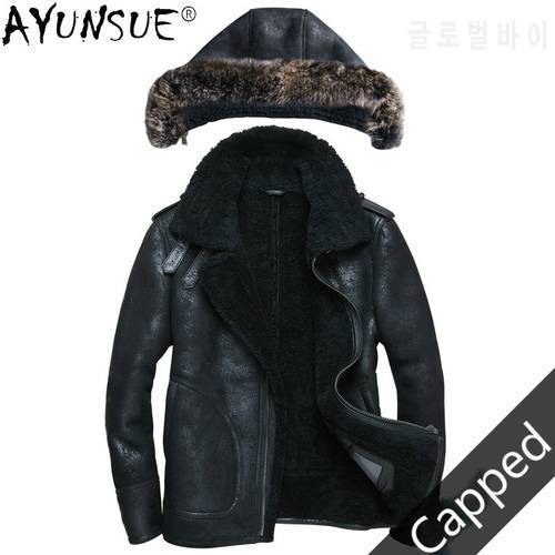 AYUNSUE Genuine Sheepskin Leather Jacket Men Real Sheep Shearling Jackets Mens Winter Coat Removable Cap Clothes Ropa LXR779