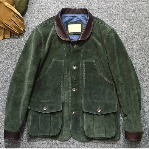 Free shipping.2021 Brand new winter cowhide leather jacket.men Green luxury cow suede coat.quality Japan style leather cloth