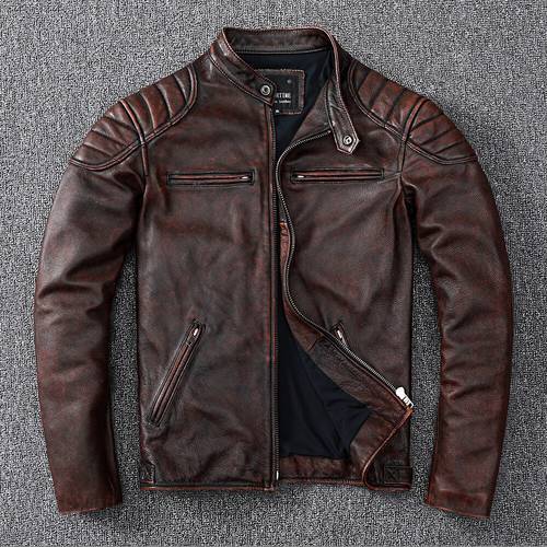 Free 2023 Shipping New Vintage Style Mens Cowhide Clothes Biker Genuine Leather Jacket Fashion Brown Leather slim coat men
