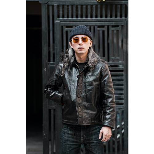 YRFree shipping.American Vintage oil tea core horsehide jacket.men Classic Casual N1 style leather coat.luxury warm leather
