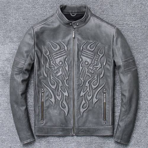 Free shipping.quality mens punk skull leather Jacket,men genuine Leather coat.motor biker leather clothes.gray,sales