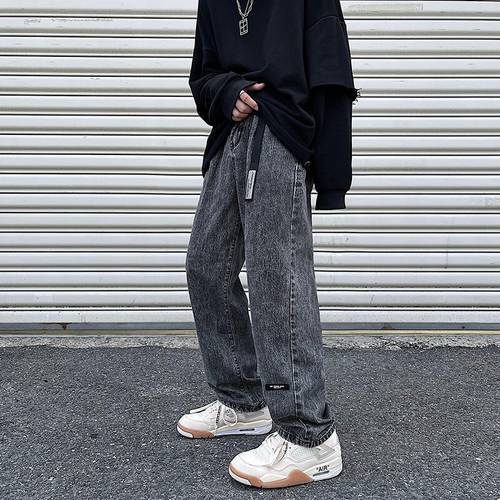 (Gift Belt) Harajuku Men Jeans Japanese Classic Black Gray Loose Straight Wide Legs Street Korean Denim Trousers Baggy Pants