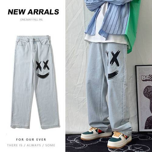 Smiling face jeans men&39s autumn new 2021 daddy pants tide brand straight tube wide leg pants spring and autumn loose high street