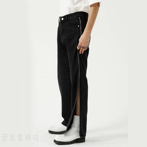 Jeans Men Side Zipper Black Straight Casual Streetwear Hip Hop Punk Denim Trousers Man Korean Harajuku Fashion Jeans Pants