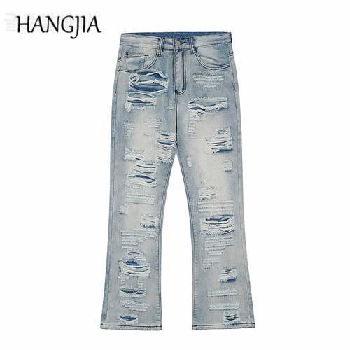 Hip Hop Distressed Street Wear Ripped Flared Jeans Biker Tailored Embroidered Washed Destroyed Hole Wide Denim Trousers for Men