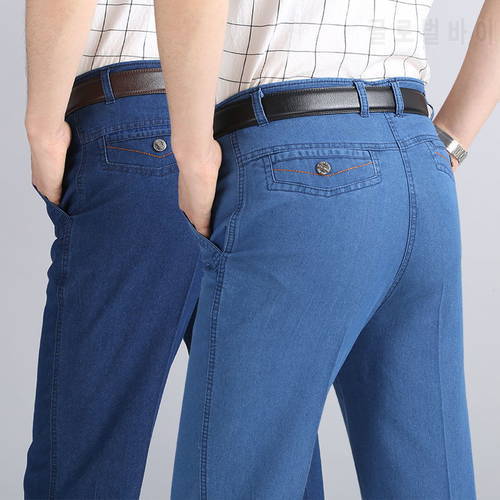 Men Casual Jeans Four Seasons Cooton Thin Carogo Pants Men Middle Aged Business Slim Straight High Waist Jeans Men Plus Size 40