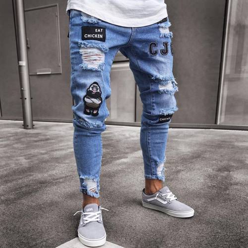 Men Jeans 2021 New 3 Style Casual Fashion Skinny Ripped Jeans Embroider Pencil Pants Hi Street Slim Stretch Denim Pants