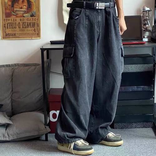 HOUZHOU Baggy Jeans Trousers Male Denim Pants Black Wide Leg Pants Men&39s Jeans Oversize Cargo Korean Streetwear Hip Hop Harajuku