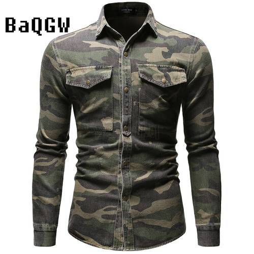 Mens Fashion Denim Blouse Safari Style Camouflage Printed Long Sleeve Pocket Button Turn-down Collar Male Outdoor Cotton Shirts