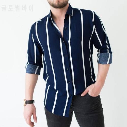 Mens Business Casual Long Sleeved Shirt Striped Print Men Shirt Turn-down Collar Top Long Sleeve Buttons Closure Business Shirt