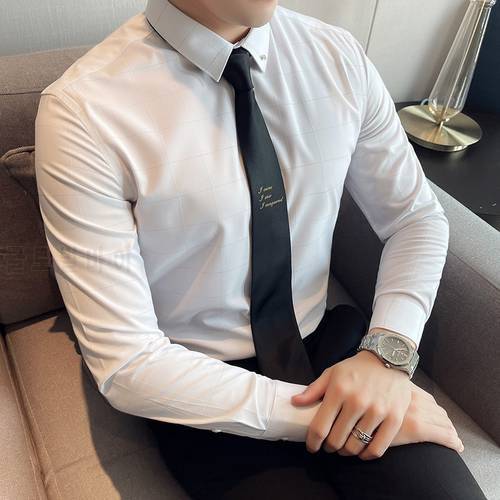 Brand Plaid Men&39s Long-sleeved Slim Fit Shirt 2021 Autumn Casual Handsome Cotton Men&39s White Shirt for Male Business Dress Tops