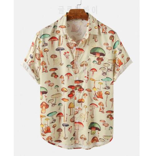 2022 Summer Men Hawaiian Shirts Lapel Chest Pocket Short Sleeve Colorful Element Mushroom Pattern Print Button Up Casual Shirt