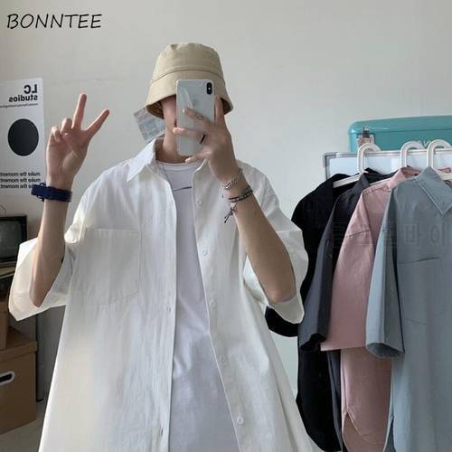 Men Shirts Solid Simple Summer Half Sleeves Clothing Male Pockets Breathable Daily Casual All-match Students Loose Korean Style