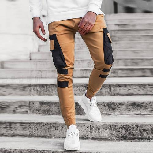 Men Autumn Winter Pocket Patchwork Jogger Trousers Long Cargo Pants Streetwear