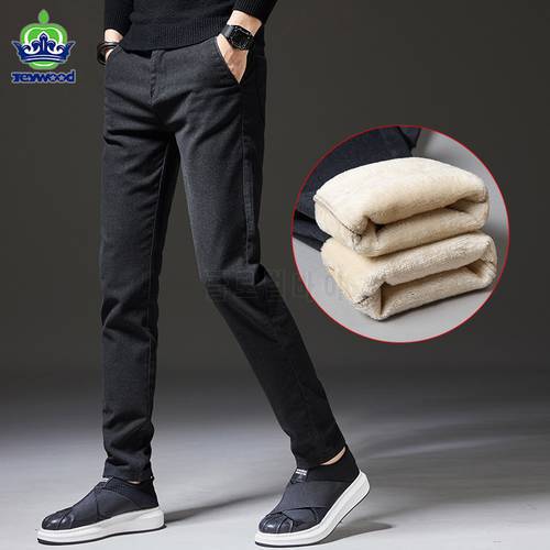 Jeywood 2022 Winter New Men&39s Warm Casual Pants Business Fashion Slim Fit Stretch Thicken Gray Blue Black Cotton Trousers Male