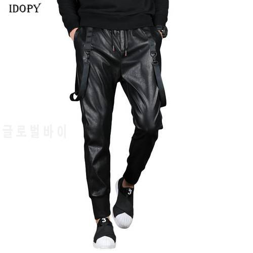 Idopy Men`s Street Faux Leather Joggers Harem Pants Hip Hop Ankle Cuffed Elastic Waist Drawstring PU Joggings Trousers For Male