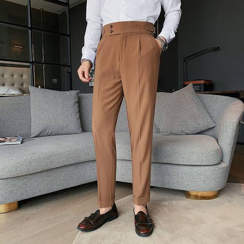 2022 New Design Men High Waist Trousers Solid England Business Casual Suit Pants Belt Straight Slim Fit Bottoms White Clothing