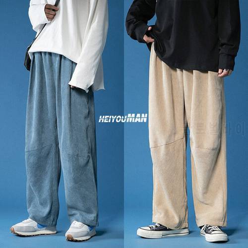 2021 Spring Casual Pants Men Japanese Retro Corduroy Trousers Fashion Elastic Waist Loose Straight Mens Sweatpant