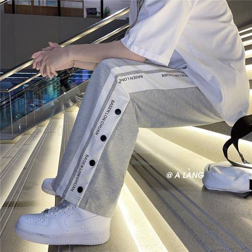 Streetwear Wide Pants Men Side Split Casual Skateboard Pants Sport Sweatpants Oversize Harajuku Techwear Ankle Length Trousers