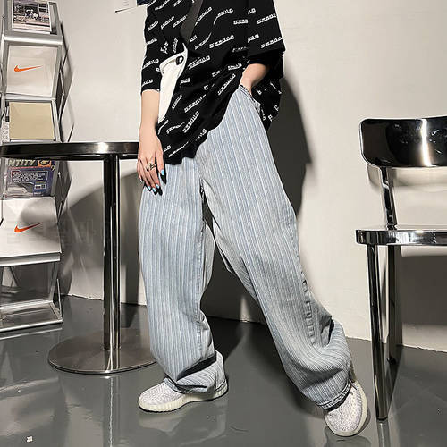 Vintage Stripe Jeans Mens Vertical Straight Leg Pants Man Harajuku Streetwear Wide Leg Fashion Male Casual Trousers Baggy Denim