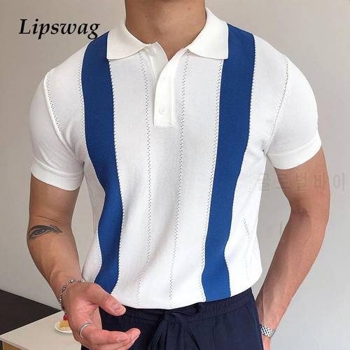 Fashion Striped Patchwork Slim Polo Shirts For Men 2021 Summer Short Sleeve Casual Tops Men&39s Button Turn-down Collar Polo Shirt