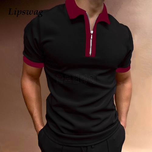 Vintage Patchwork Turn-down Collar Polo Shirts Mens Summer Casual Short Sleeve Zip-up Pullover Fashion Polo Shirt Men Streetwear