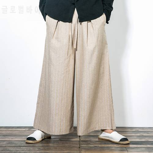Striped Linen Wide Pants For Mens Hakama Blue Khaki Pants With A Wide Bottom Chinese Kimono Trousers Summer Loose Cotton Capri