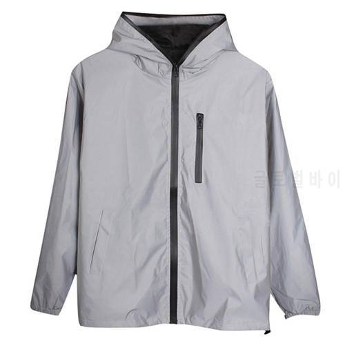 Unisex Long Sleeve Zipper Reflective Jacket Hooded Windbreaker Streetwear Coat