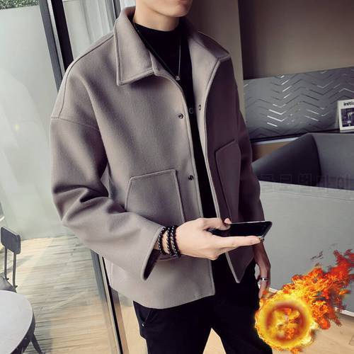 Autumn Winter Large Size Windbreaker Trench Men&39s Woolen Jacket Handsome Student Short Solid Color Lapel Single Breasted
