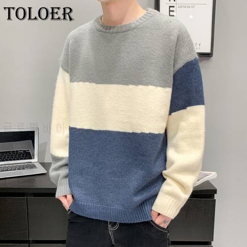 Winter Mens Patchwork Hit Color Knitted Sweaters Fashion Loose Long Sleeve Pullovers Warm Casual 2022 Male Comfortable Sweater