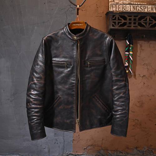 YRFree shipping.Super vintage tea core horsehide jacket.high quality thick hard leather coat.classic rider leather clothes
