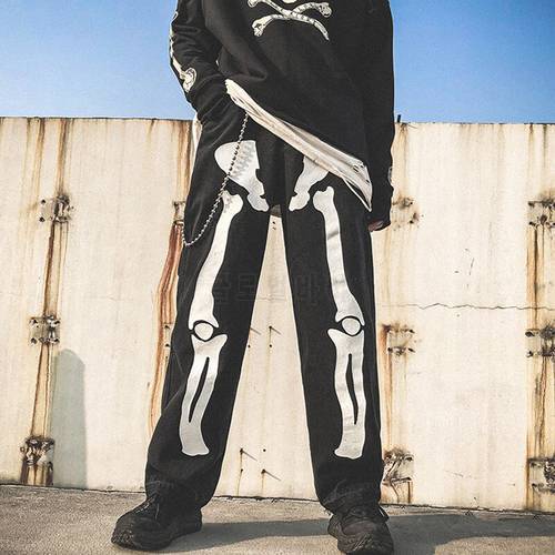 Men Skeleton Oversized Black Jeans Pants 2021 Denim Mens Streetwear Hip Hop Harem Pants High Wasit Denim Pants Overalls
