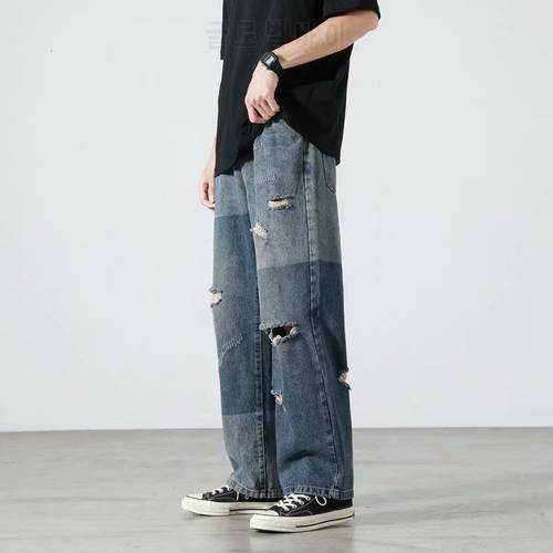Ripped Wide-leg Jeans Men&39s Fashion Retro Baggy Harajuku Jeans Men Streetwear Loose Hip-hop Hole Straight Denim Trousers Mens