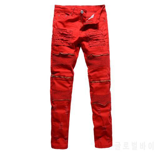 Idopy Mens Male Club Biker Jeans White /red/black Knee Multi zipper Men Brand Slim Fit Cut Destroyed Jean Pants For Male Homme